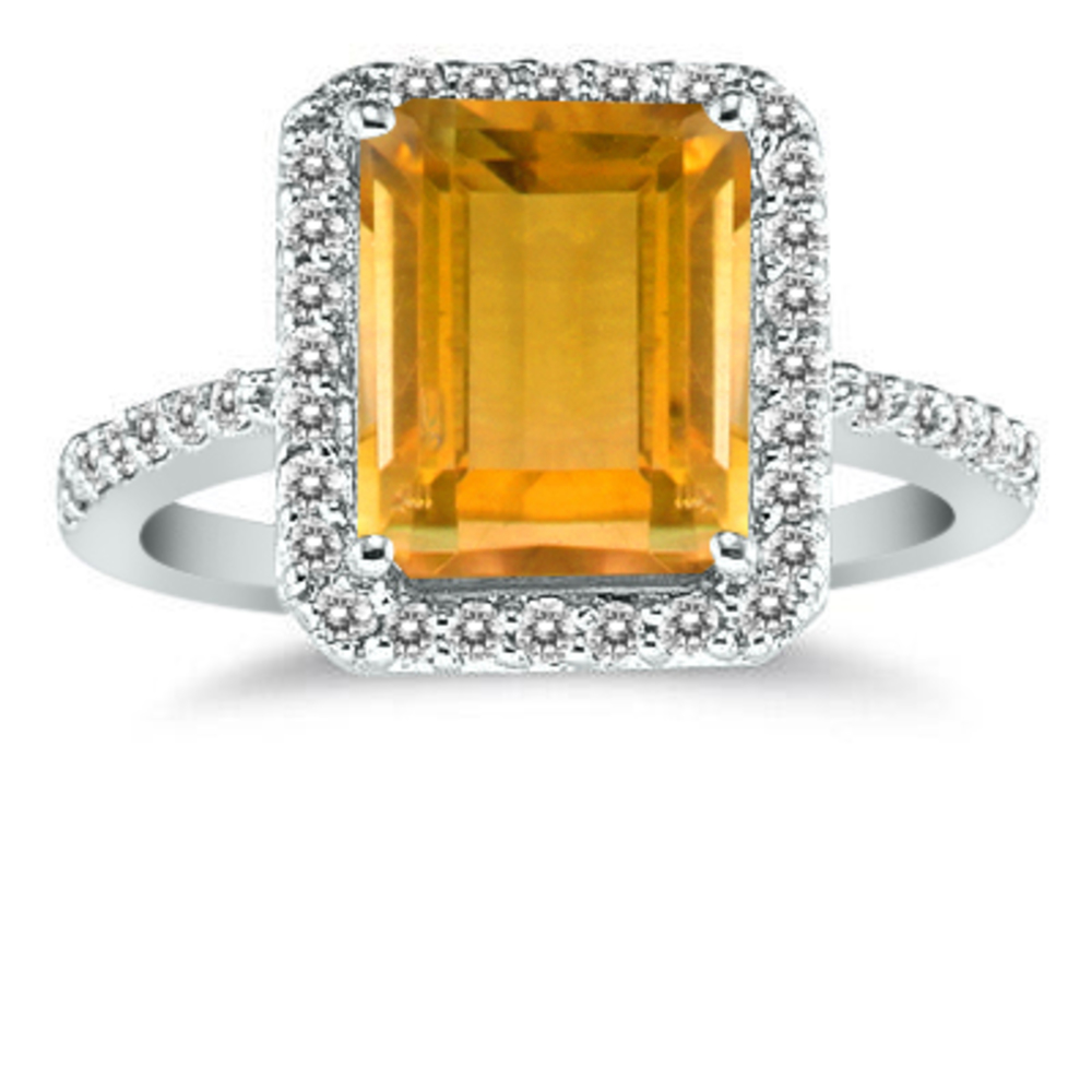 Citrine and Diamond Halo Cocktail Ring in 14K White Gold